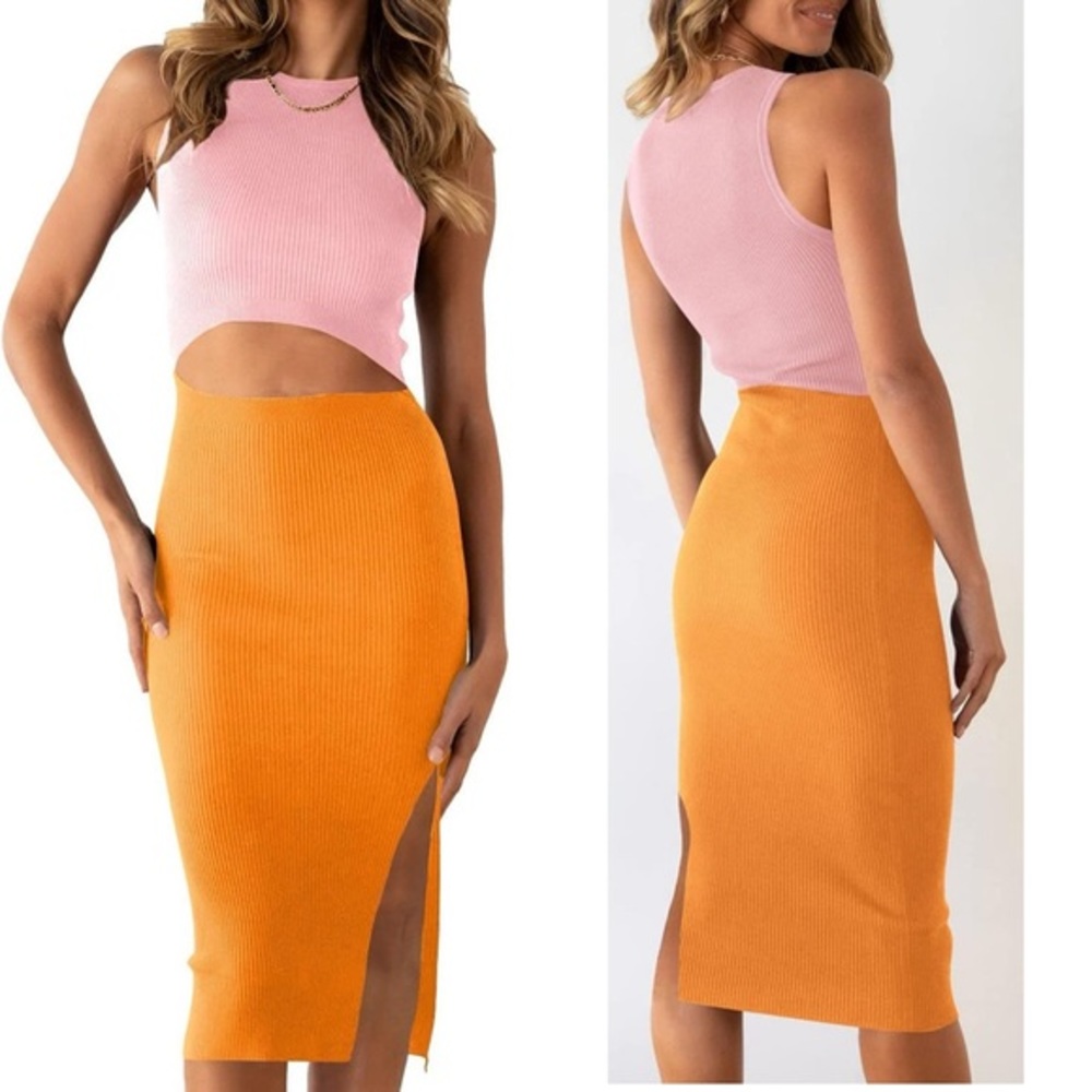Midi Bodycon Dresses Casual Crew Neck Side Slit Sleeveless Knit Cut Out …
